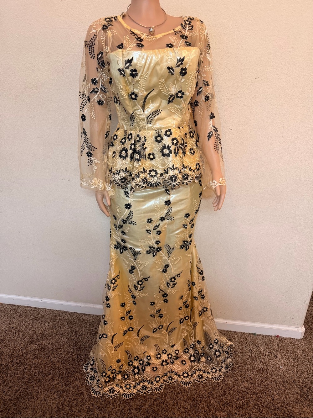 Gold and Black Floral Lace Maxi Dress